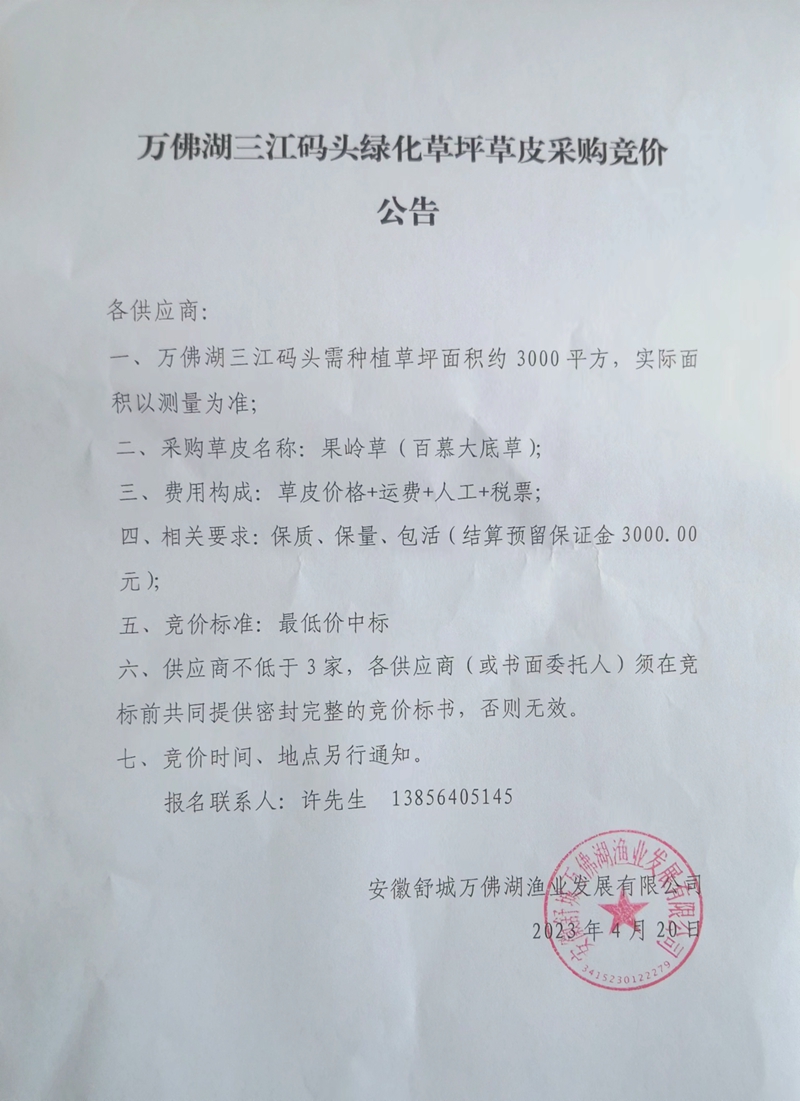 美高梅三江码头绿化草坪草皮采购竞价公告